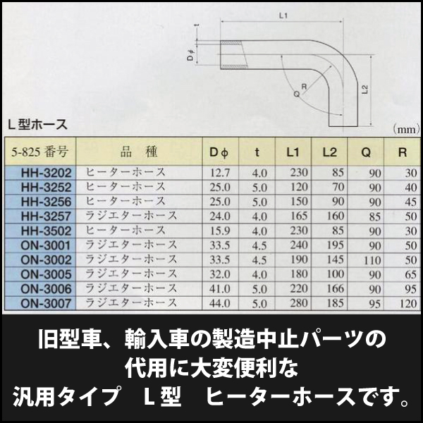 汎用タイプL型ヒーターホースHH-3202ラジエーターホース旧車や輸入車の製造中止パーツ代用に大野ゴム工業  エアロワイパーブレードのドリームコーポレーション